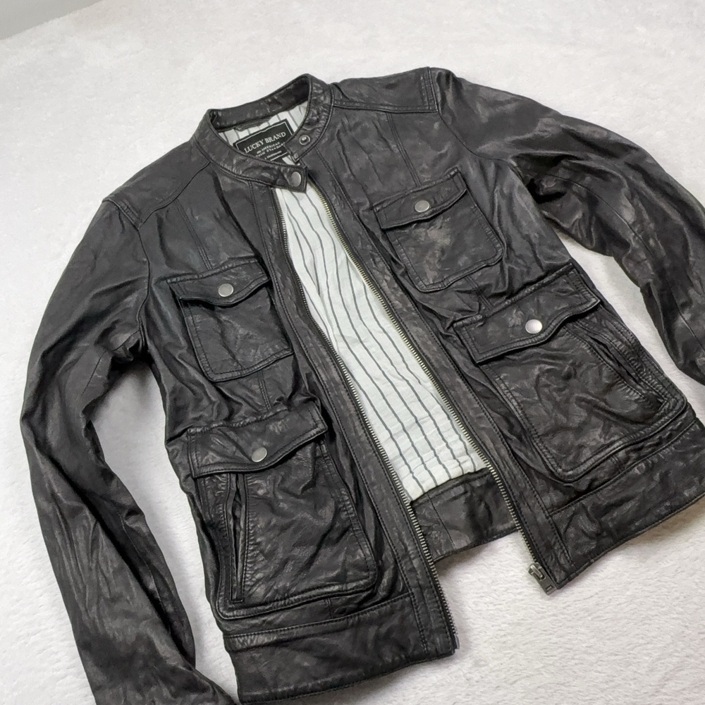 Lucky Brand Jacket Womens S Black Leather Motorcycle Collared Lined Pockets